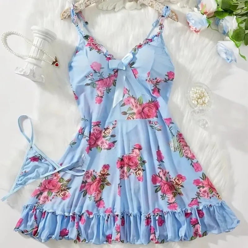 Lace Ruffle Trim Lingerie Set Deep V Slip Dress Thongs Plus Size Floral Bow Bra