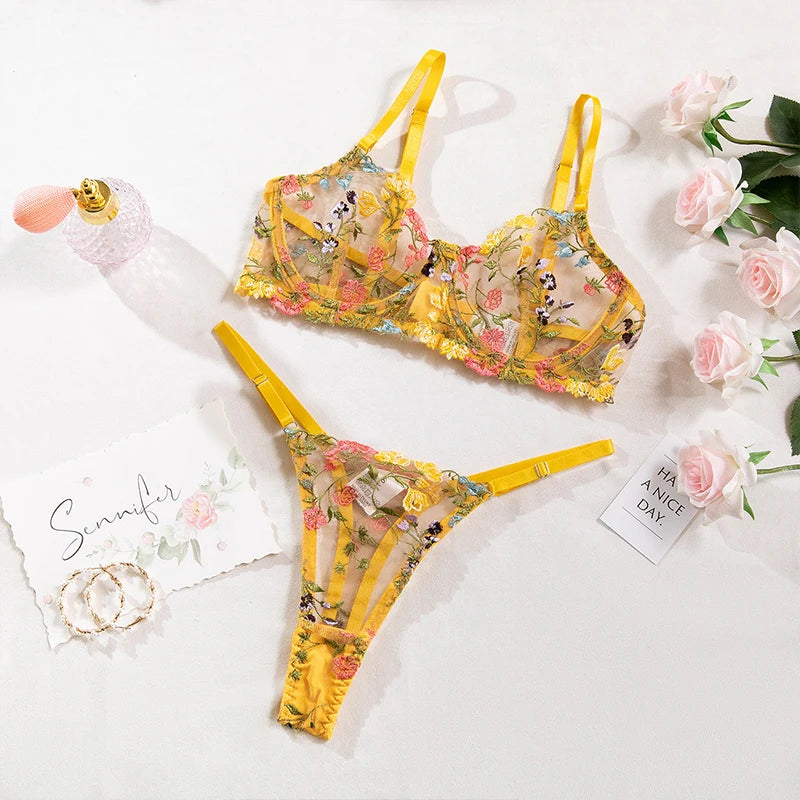 Bra and Briefs Sets Lace Flower Embroidery