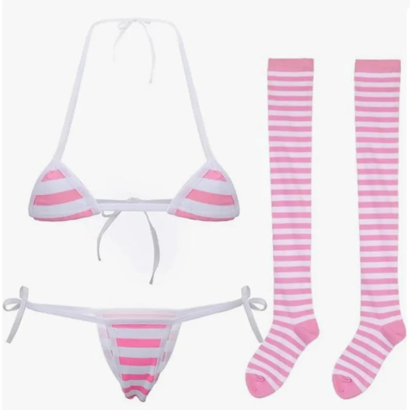 Pink and white striped Bikini Bra And Panty Set with matching Socks