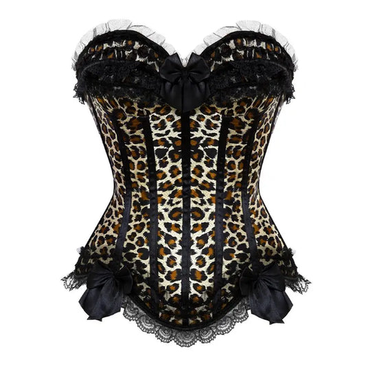 Vintage Striped Lace Overbust Corset Top With Cup Plus Size Women Sexy Satin Body Shaper Lingerie Bustier Leopard/Black/Red/Pink