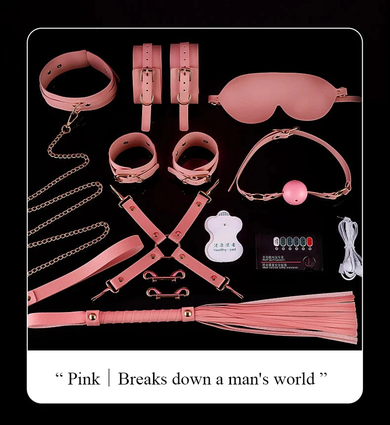 BDSM Bondage Restraints Electric Shock Set Mouth Gag Handcuffs Ankle Cuffs Collar Eyepatch Whip Bondage Ties Kits Adult Sex Toys