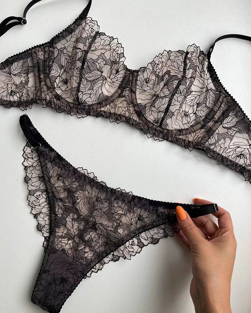 Bra and Briefs Sets Lace Flower Embroidery