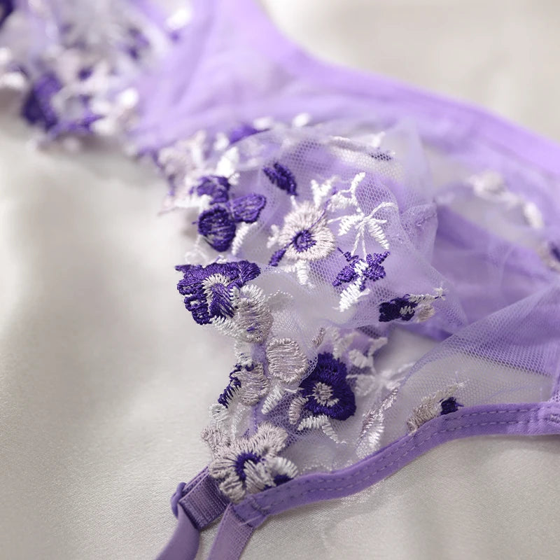 Purple Embroidery Sexy Lingerie Set Hot Semi-Sheer Temptation Bra And Panties Sets