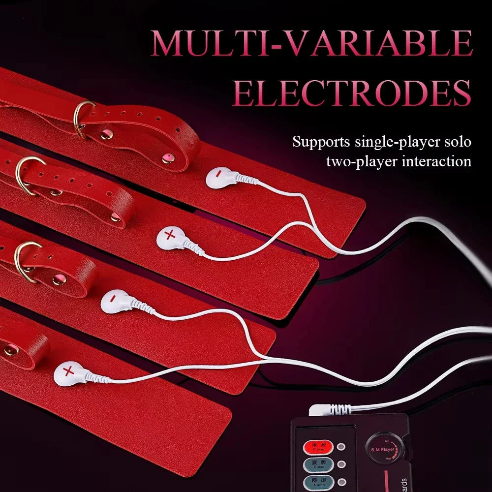 BDSM Bondage Restraints Electric Shock Set Mouth Gag Handcuffs Ankle Cuffs Collar Eyepatch Whip Bondage Ties Kits Adult Sex Toys