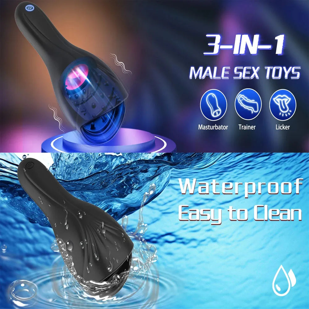 Male Tongue Licking Penis Masturbator Blowjob Orgasm Masturbation Trainer Glans Massager Vibrator Endurance Sex Toy for Men 18+