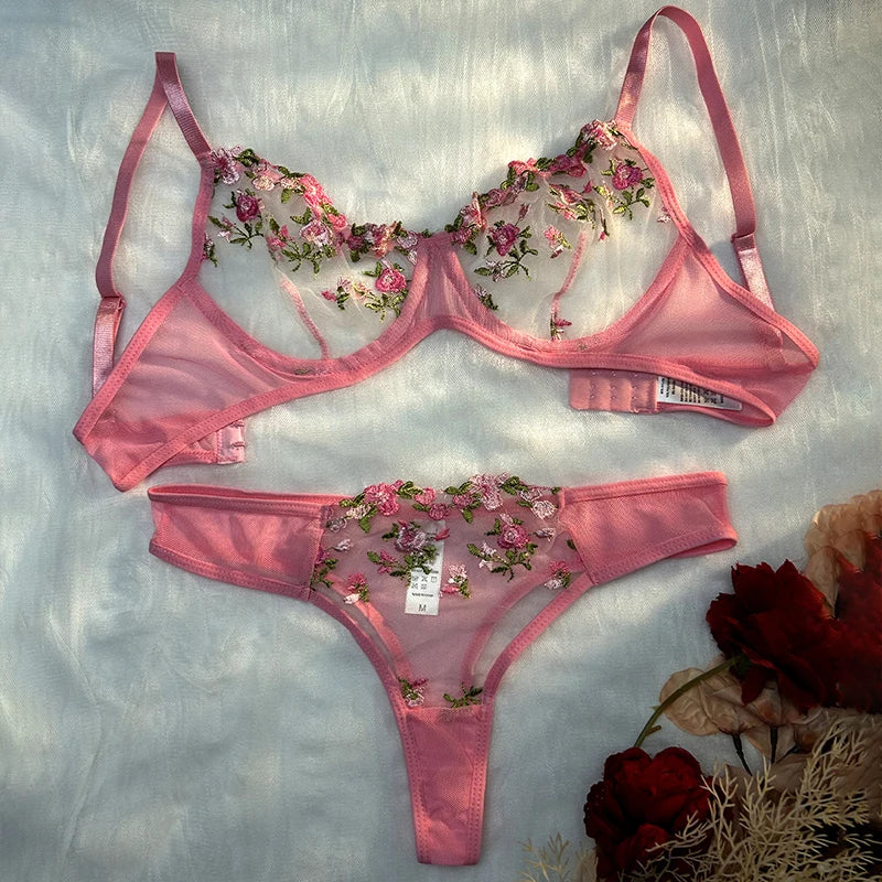 Transparent Mesh Embroidery See-through Temptation Bra And Panties Sets