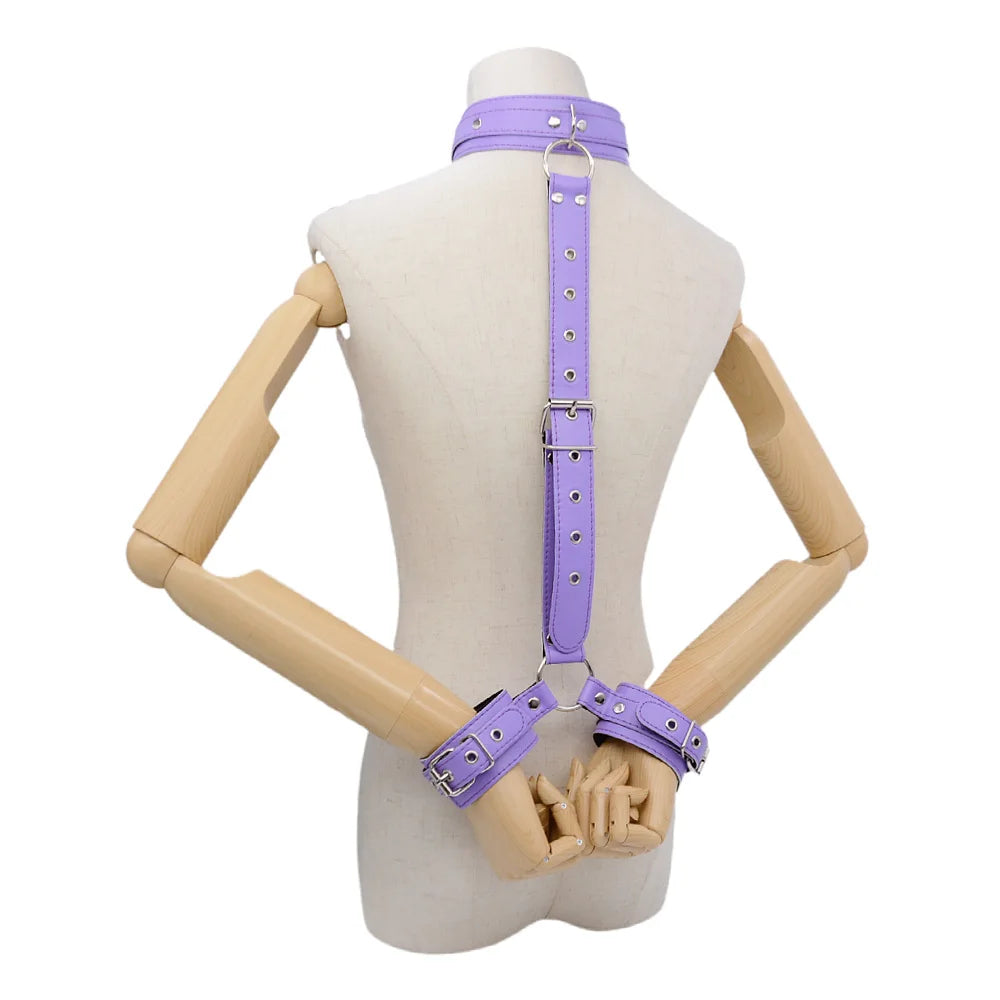 PU Leather Behind Back Hand Cuff SM Collar BDSM Bondage Restraints Slave Training Hand Binding SM Toys For Couple Games
