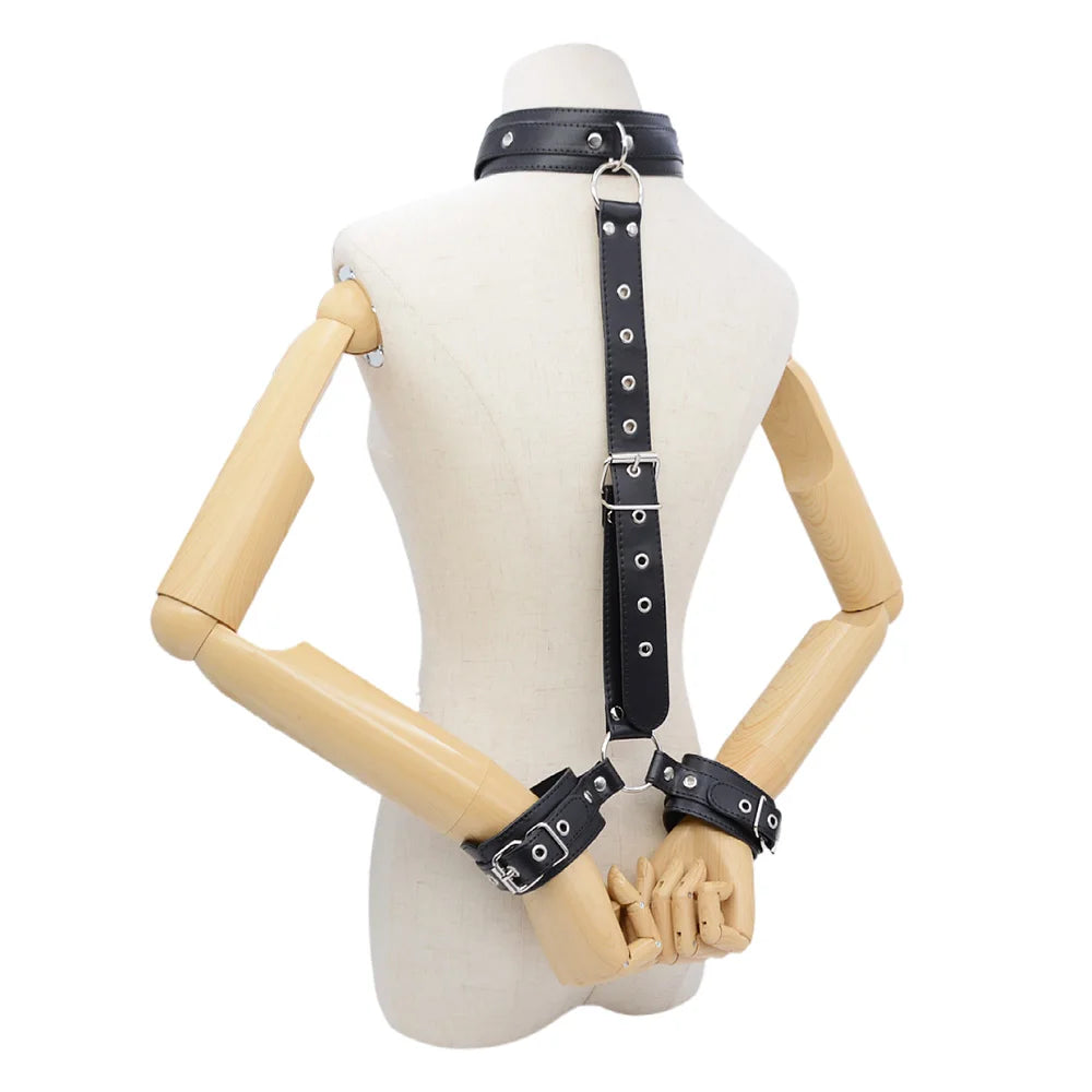 PU Leather Behind Back Hand Cuff SM Collar BDSM Bondage Restraints Slave Training Hand Binding SM Toys For Couple Games