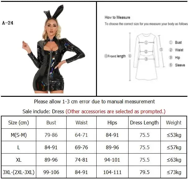 Sexy Cute Bunny Girl Cosplay Costume Black Wetlook Leather Dress Women Erotic Latex Clubwear Breast Exposing Lingerie Mini Skirt