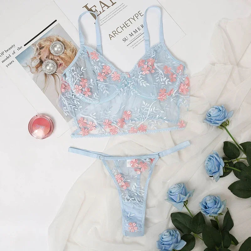Blue Floral Embroidery Bra and Panty Set