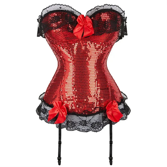 Women Corset Vintage Bustiers with Bow Steampunk Sequin Corsets Lace Up Corsage Halloween Burlesque Outfits Party Night Costumes