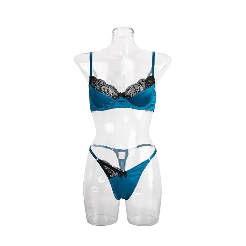 Patchwork Bra Brief Sets Navy Blue Lace Underwear
