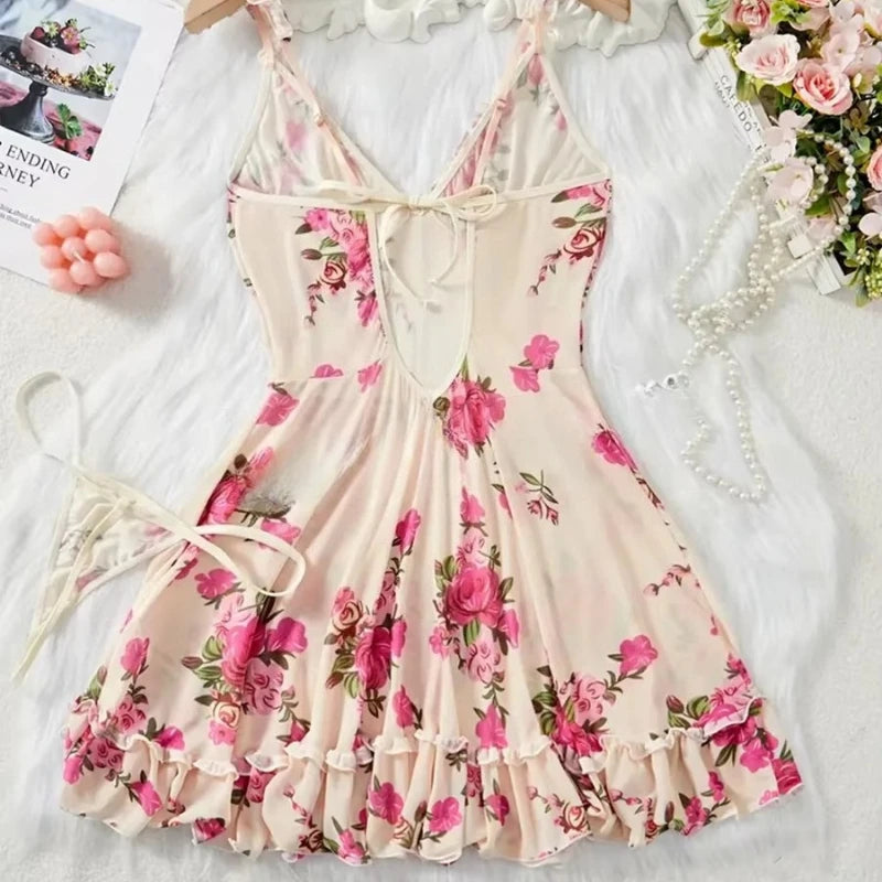 Lace Ruffle Trim Lingerie Set Deep V Slip Dress Thongs Plus Size Floral Bow Bra