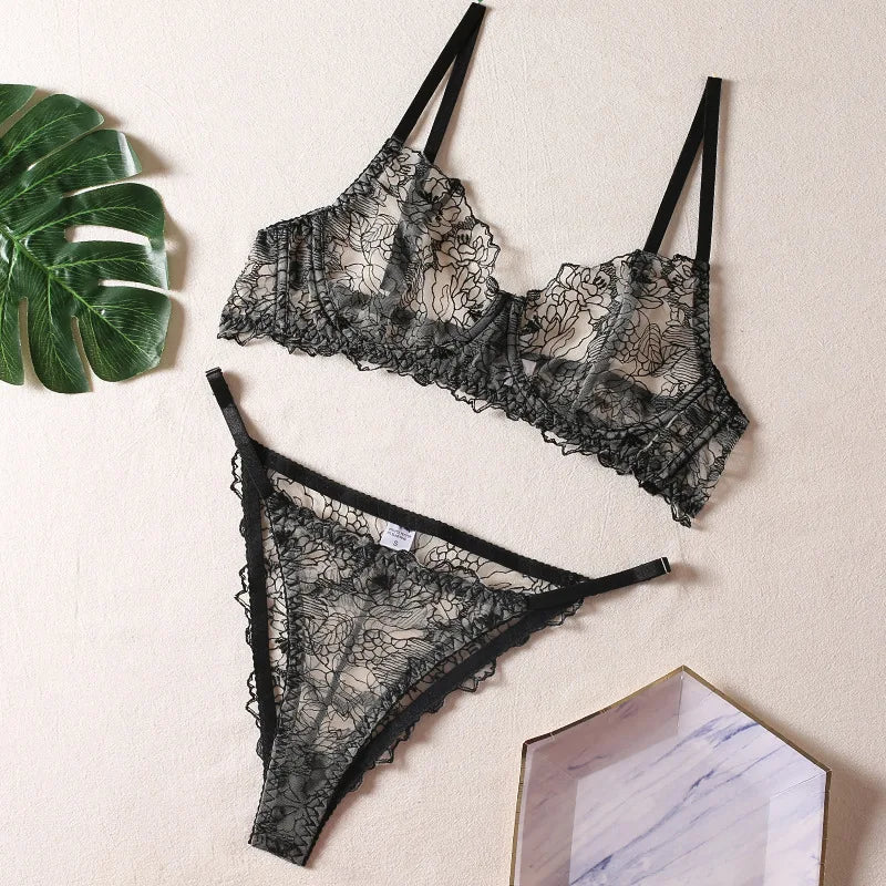 Bra and Briefs Sets Lace Flower Embroidery