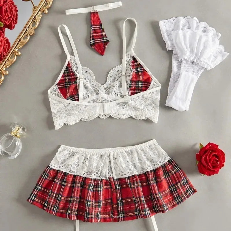 Schoolgirl Nightdress Lace Bra Plaid Skirts and Garters Stockings set