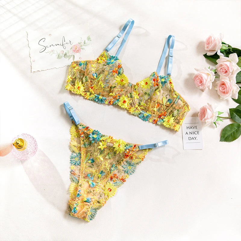Bra and Briefs Sets Lace Flower Embroidery