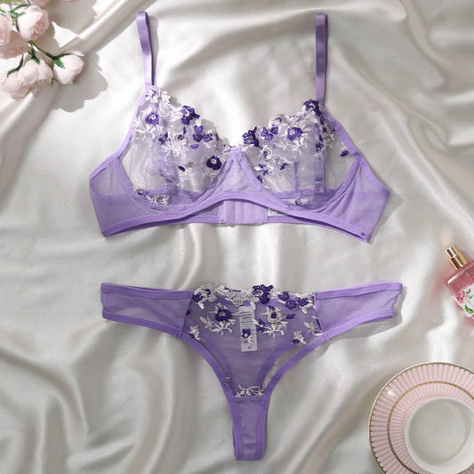 Purple Embroidery Sexy Lingerie Set Hot Semi-Sheer Temptation Bra And Panties Sets