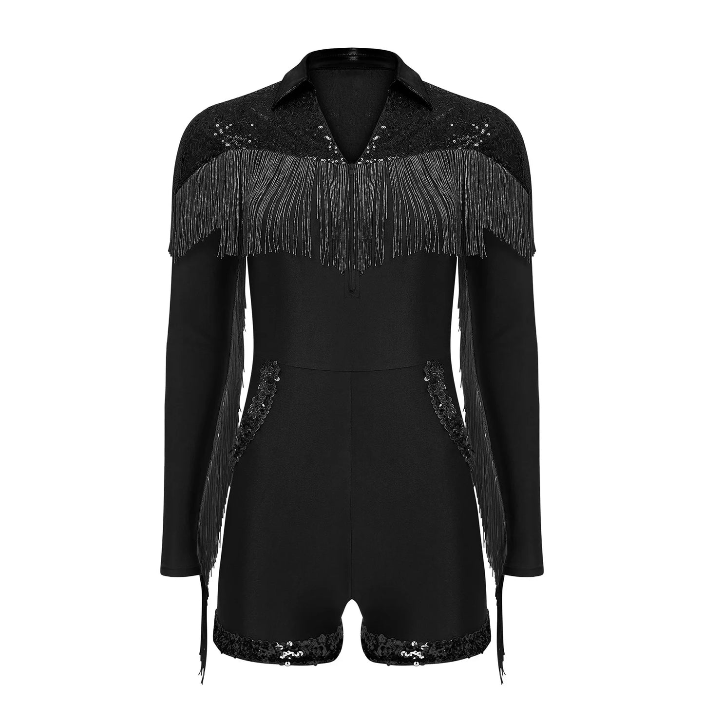 Womens Sparkly Western Cowgirl Cosplay Costume 70s 80s DiscoBodysuit Playsuit Front Zip Tassel Fringe Sequins Boyshorts Rompers