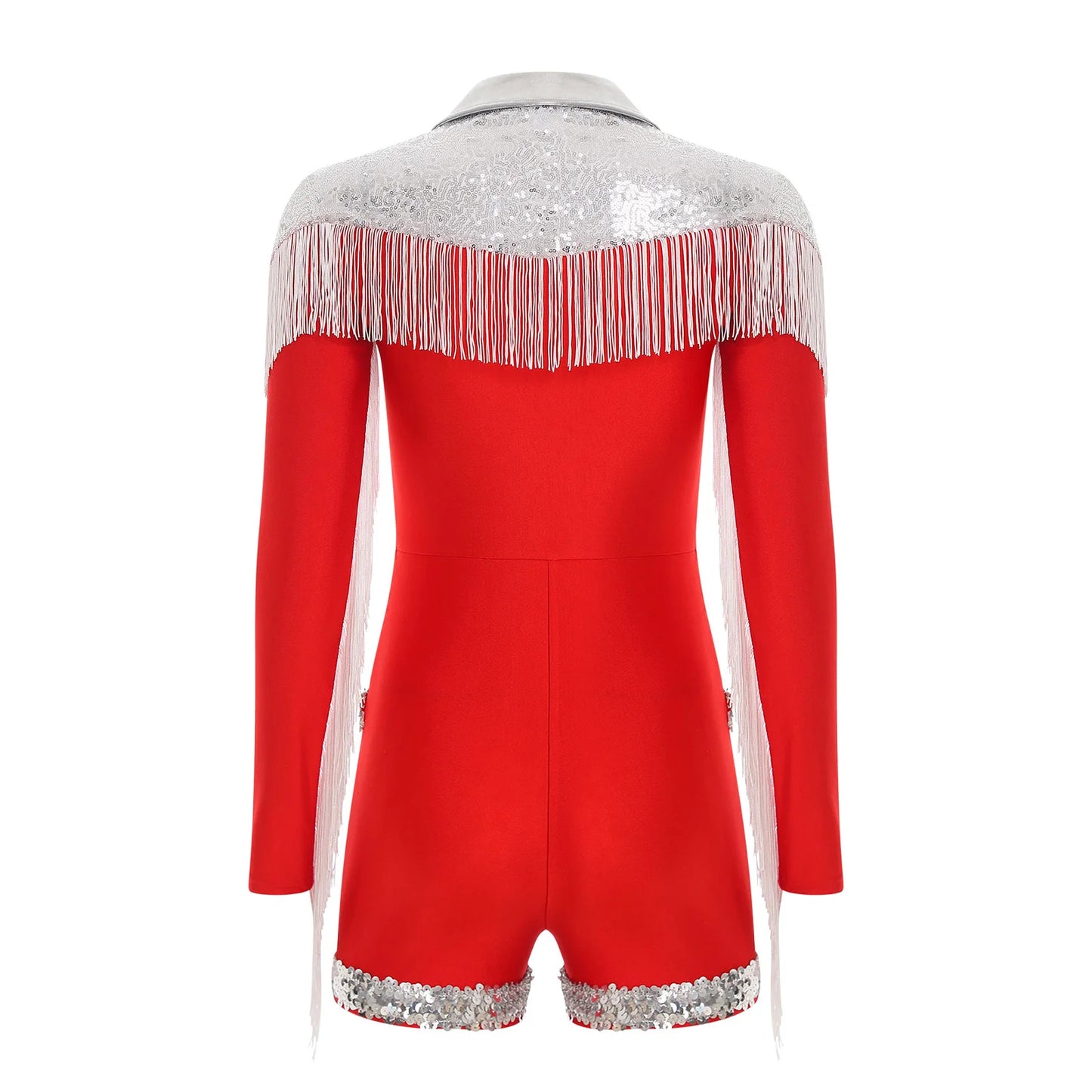 Womens Sparkly Western Cowgirl Cosplay Costume 70s 80s DiscoBodysuit Playsuit Front Zip Tassel Fringe Sequins Boyshorts Rompers