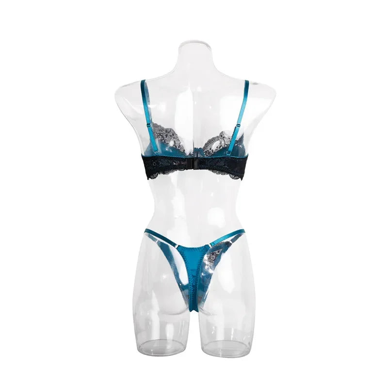 Patchwork Bra Brief Sets Navy Blue Lace Underwear