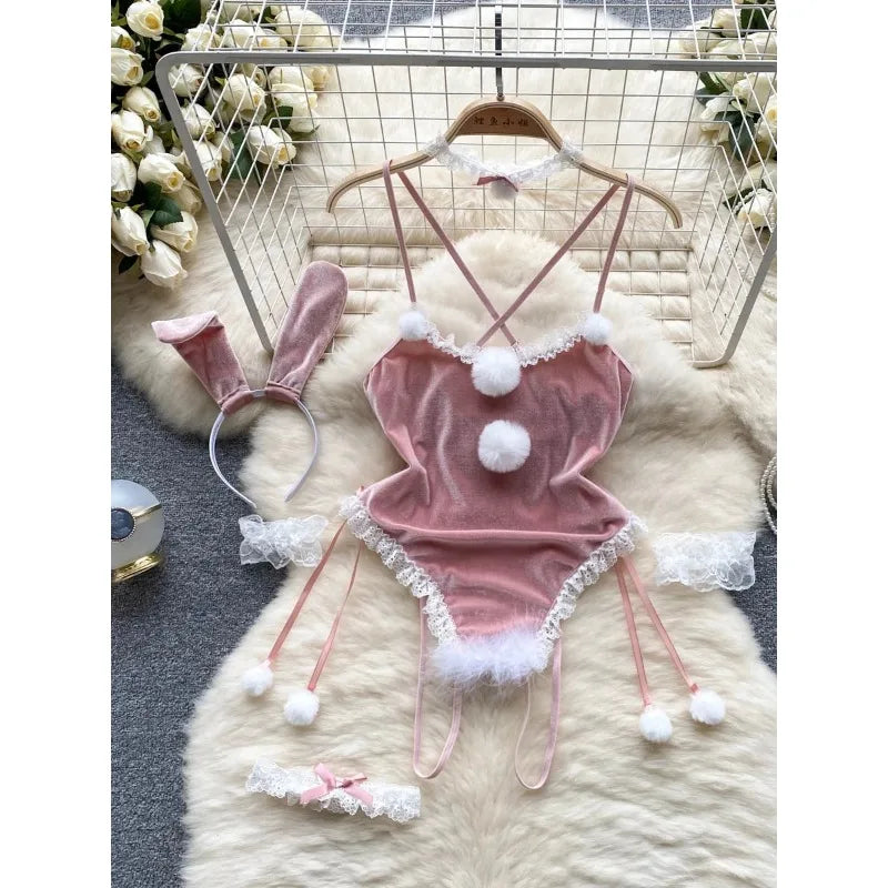 Faux Fur and Velvet Sexy Bunny Lingerie Outfit
