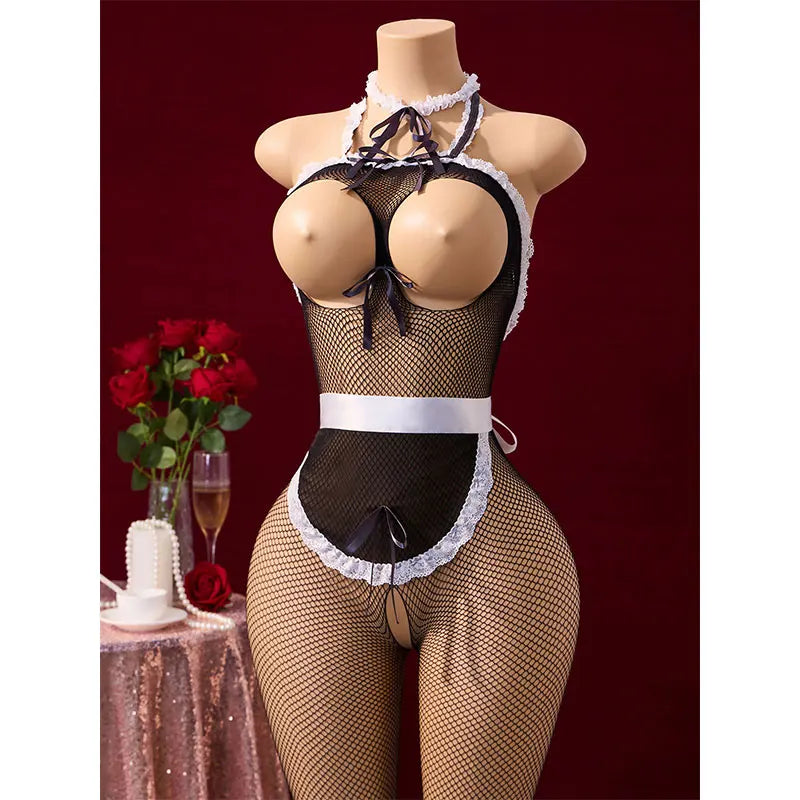 Cosplay Sex Doll Porn Costume Full Open Bra Bold Lingerie Sexy Stockings For Bedding Maid Uniform Set Includes Apron Accessories