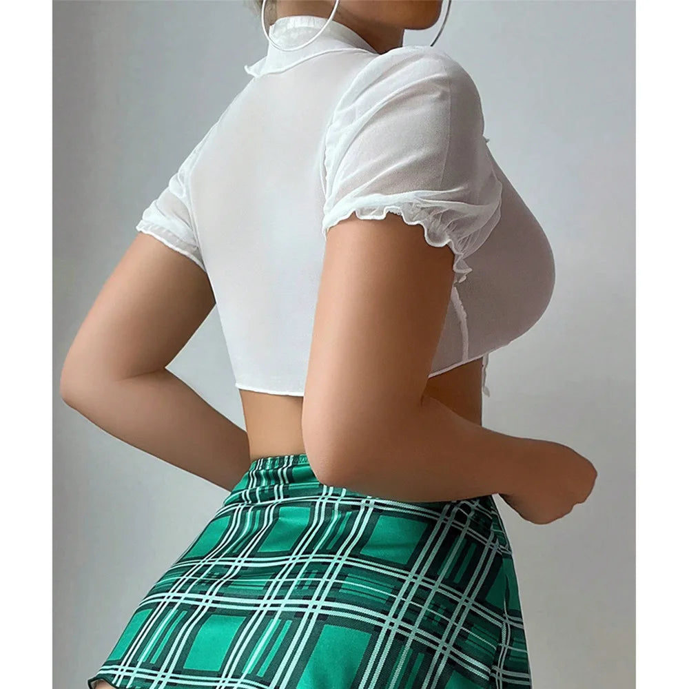 Erotic Costume Schoolgirl Lingerie Cosplay Sexy Underwear Set Crop Top Mini Skirt Stockings For Women 4 Pieces