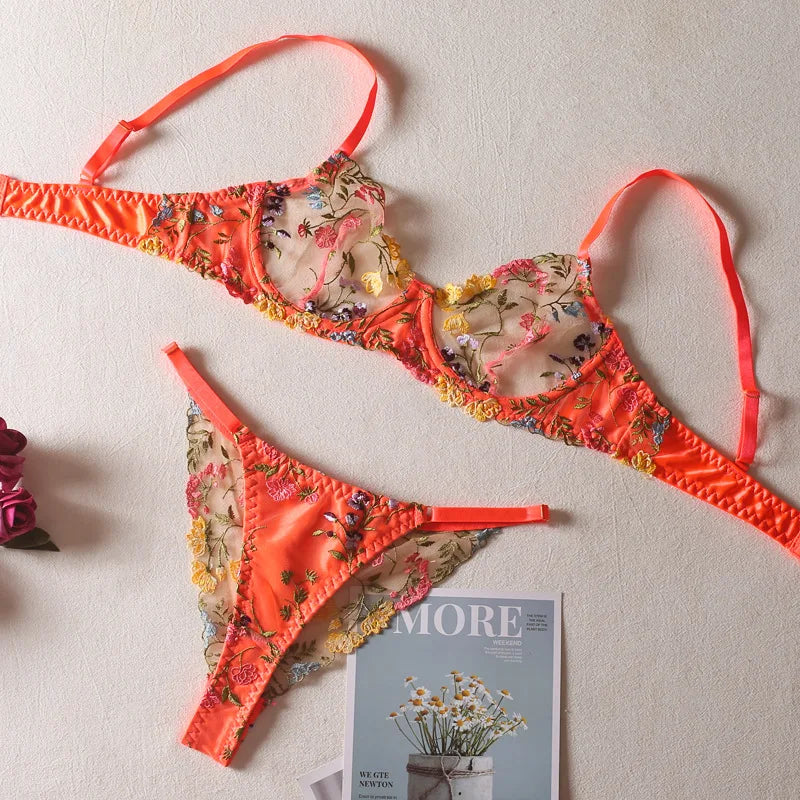 Bra and Briefs Sets Lace Flower Embroidery