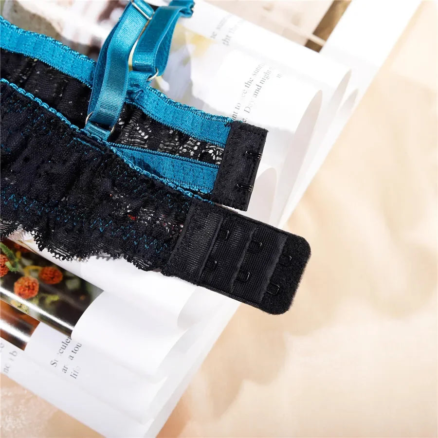 Patchwork Bra Brief Sets Navy Blue Lace Underwear