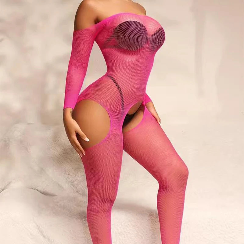 Rose Sexy Fishnet Bodysuit Cosplay Costumes Erotic Crotchless Lingerie Women Off Shoulder Full Body Stockings Mesh Sexy Costumes