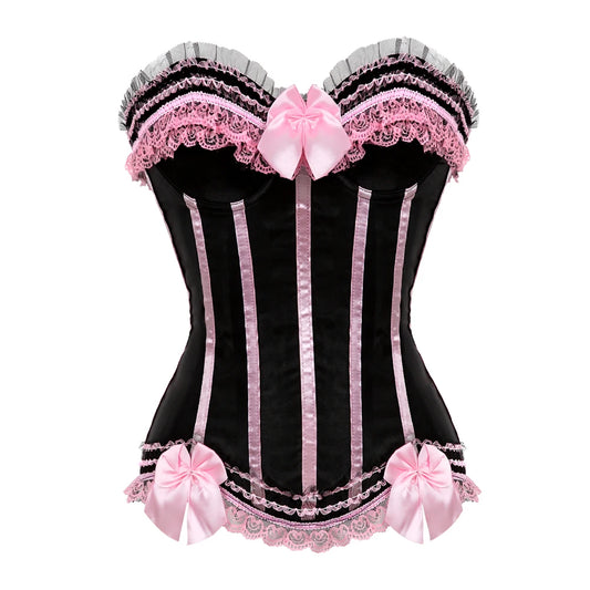 Sexy Striped Lace Trim Overbust Corset Top For Women Zipper Side Burlesque Body Shaper Vintage Satin Bustier Lingerie Plus Size