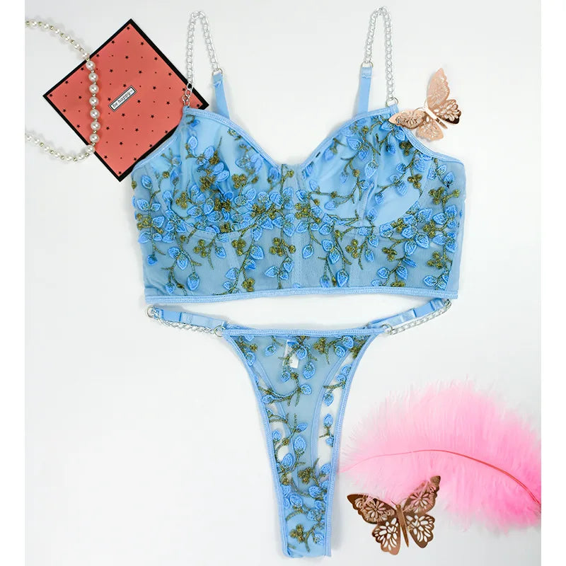 Bra and Briefs Sets Lace Flower Embroidery