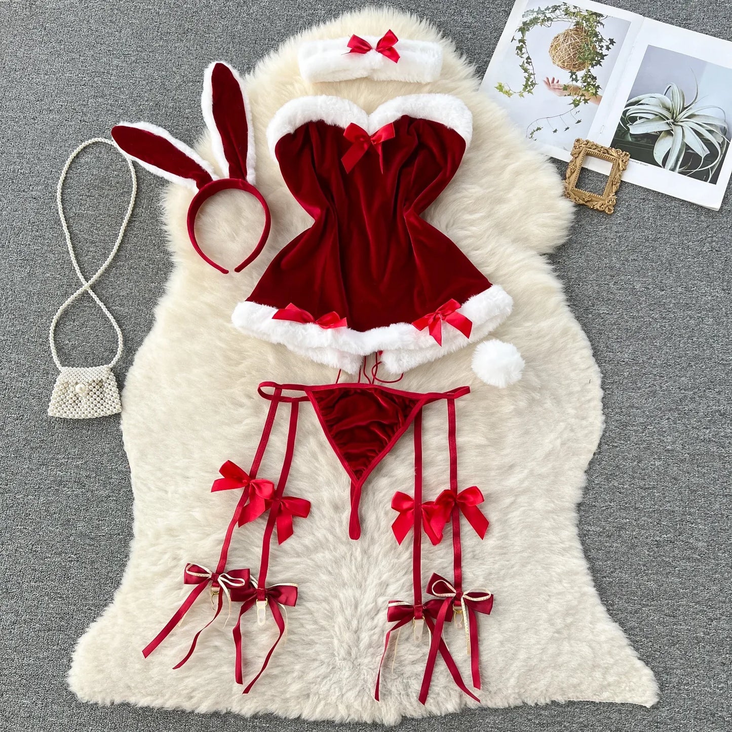 Faux Fur and Velvet Sexy Bunny Lingerie Outfit