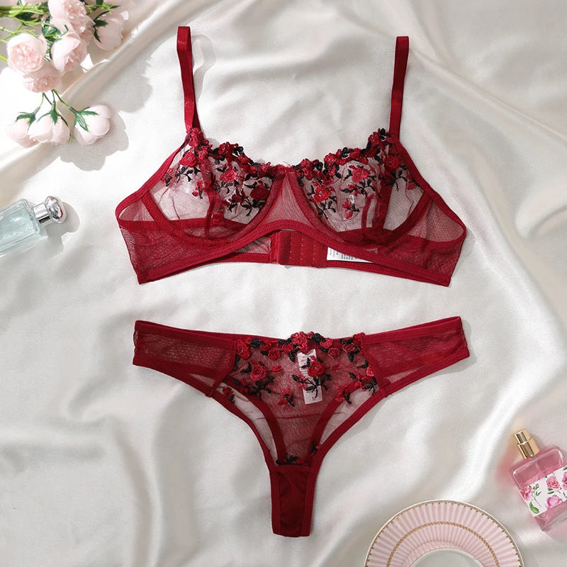 Purple Embroidery Sexy Lingerie Set Hot Semi-Sheer Temptation Bra And Panties Sets