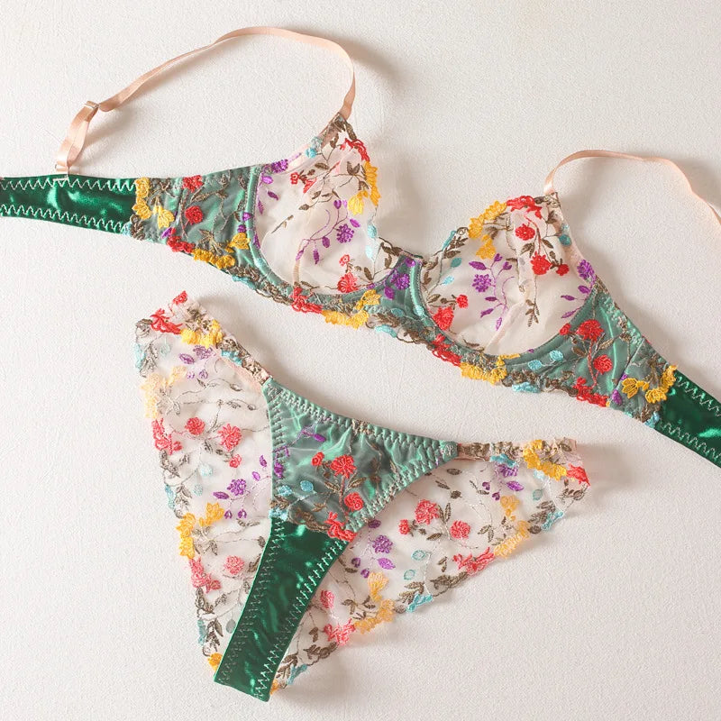 Bra and Briefs Sets Lace Flower Embroidery