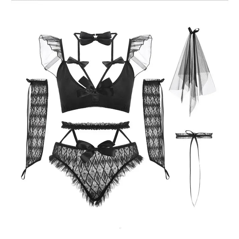 Sexy Wedding Bride Dress Cosplay Lingerie for Women Costume Uniform Erotic Crop Tops with Panties Headband Gloves Panties Sets
