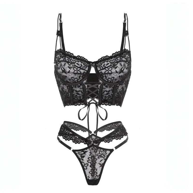 Lingerie Black Lace Bra & Brief Set - Sensual See-Through with Floral Accents