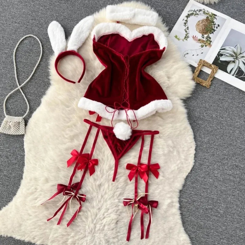 Faux Fur and Velvet Sexy Bunny Lingerie Outfit