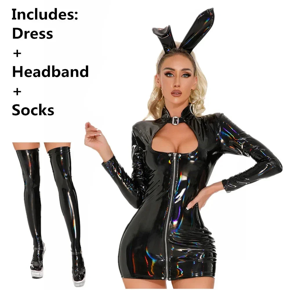 Sexy Cute Bunny Girl Cosplay Costume Black Wetlook Leather Dress Women Erotic Latex Clubwear Breast Exposing Lingerie Mini Skirt