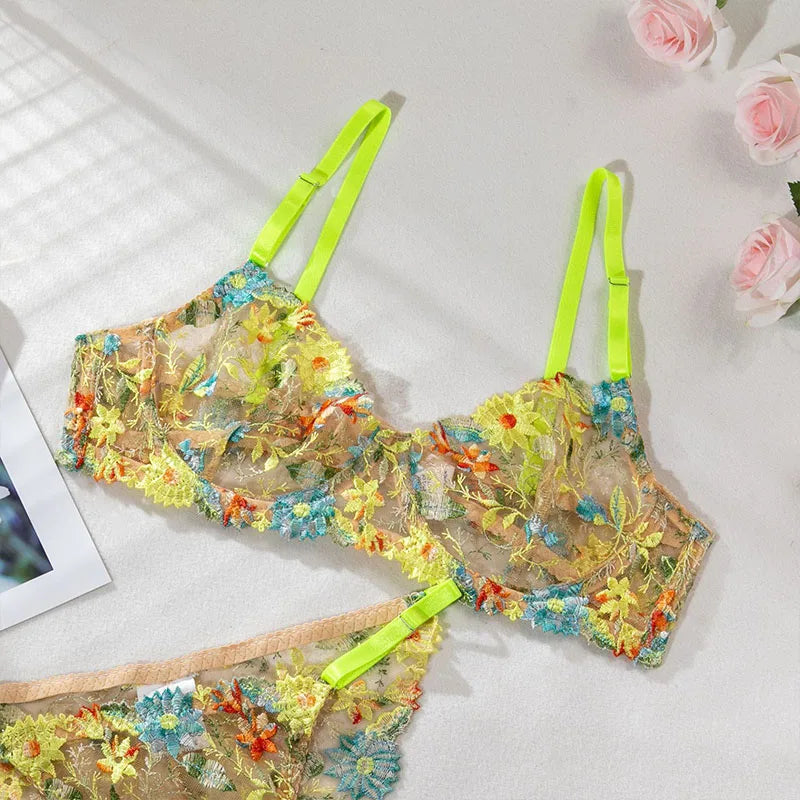 Bra and Briefs Sets Lace Flower Embroidery