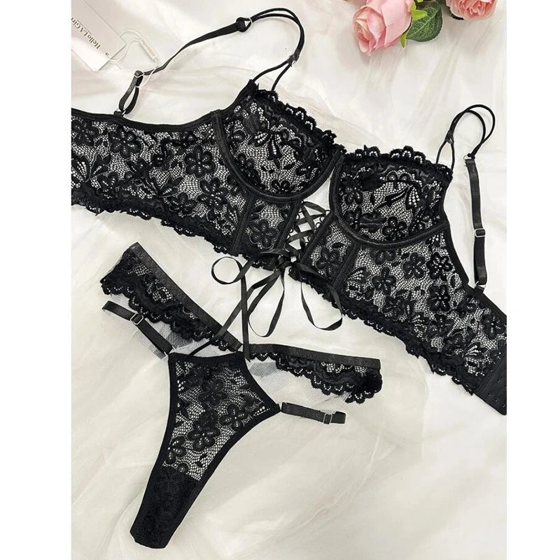 Lingerie Black Lace Bra & Brief Set - Sensual See-Through with Floral Accents