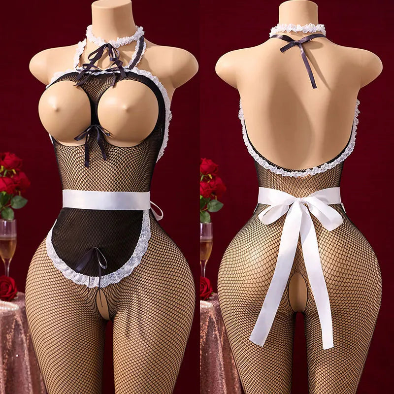 Cosplay Sex Doll Porn Costume Full Open Bra Bold Lingerie Sexy Stockings For Bedding Maid Uniform Set Includes Apron Accessories