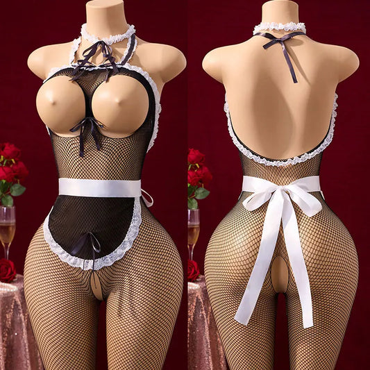 Cosplay Sex Doll Porn Costume Full Open Bra Bold Lingerie Sexy Stockings For Bedding Maid Uniform Set Includes Apron Accessories