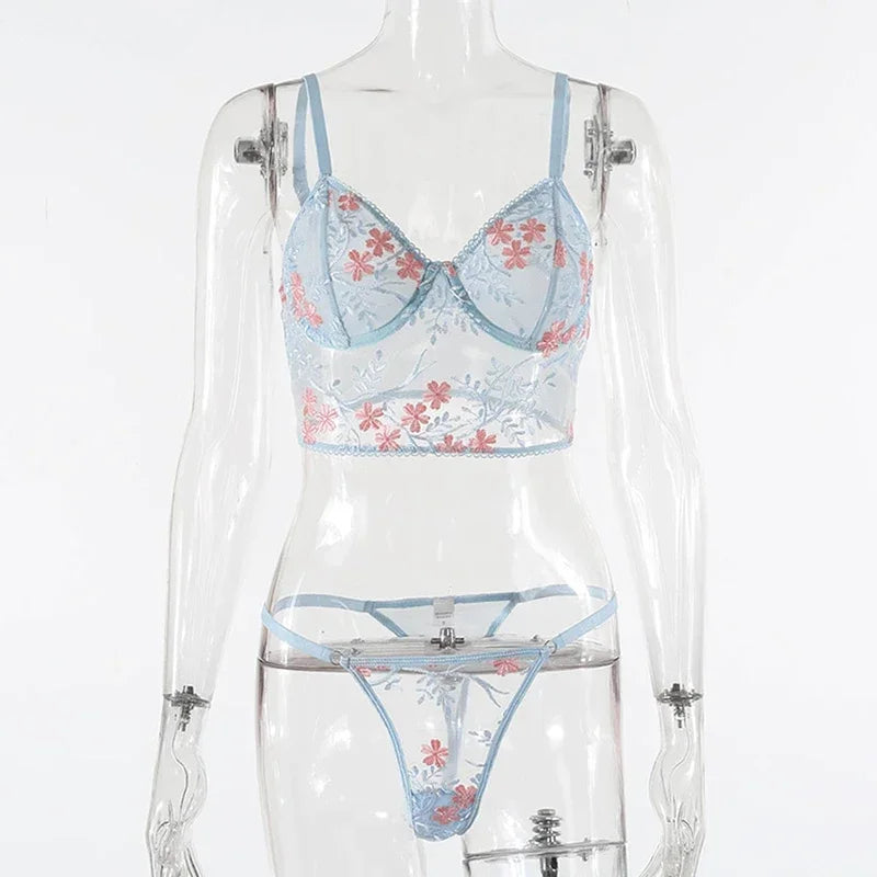 Blue Floral Embroidery Bra and Panty Set