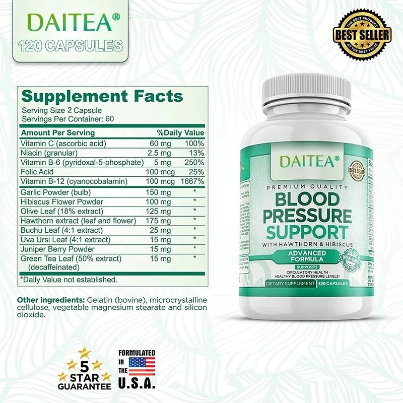 Health and Circulation Support Supplement with Hawthorn, Hibiscus and Garlic Extracts - 30 to 120 Capsules
