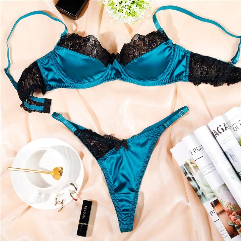 Patchwork Bra Brief Sets Navy Blue Lace Underwear