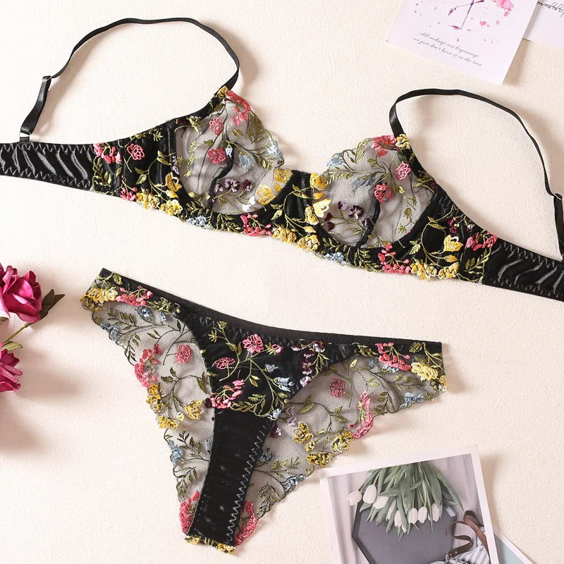 Bra and Briefs Sets Lace Flower Embroidery