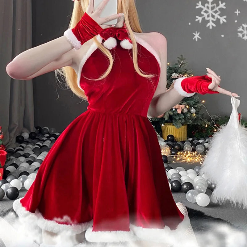 Women Christmas Red Dress Sexy Lady Santa Claus Cosplay Costume Sexy Lingerie Winter Red Dress Bunny Cosplay Girls Uniform