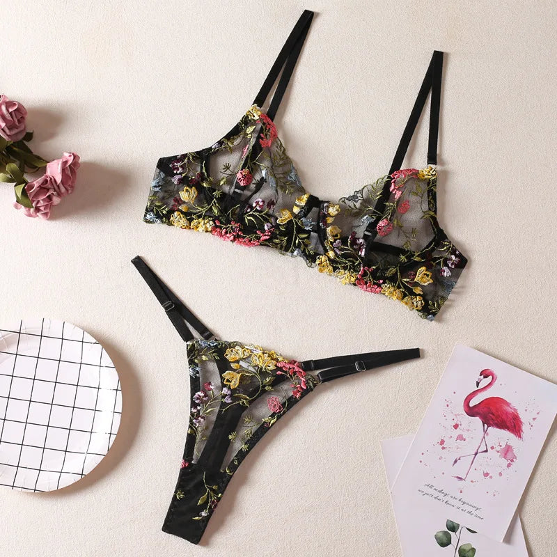 Bra and Briefs Sets Lace Flower Embroidery