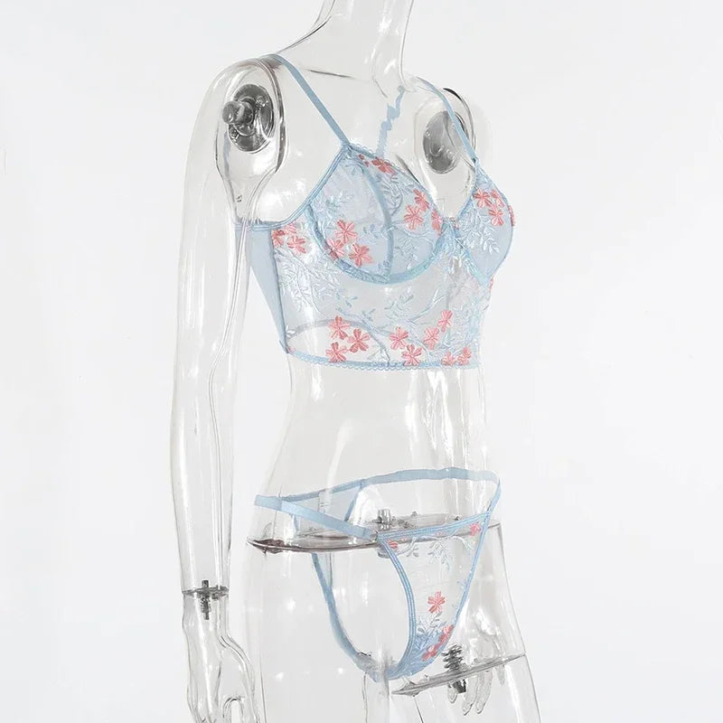 Blue Floral Embroidery Bra and Panty Set